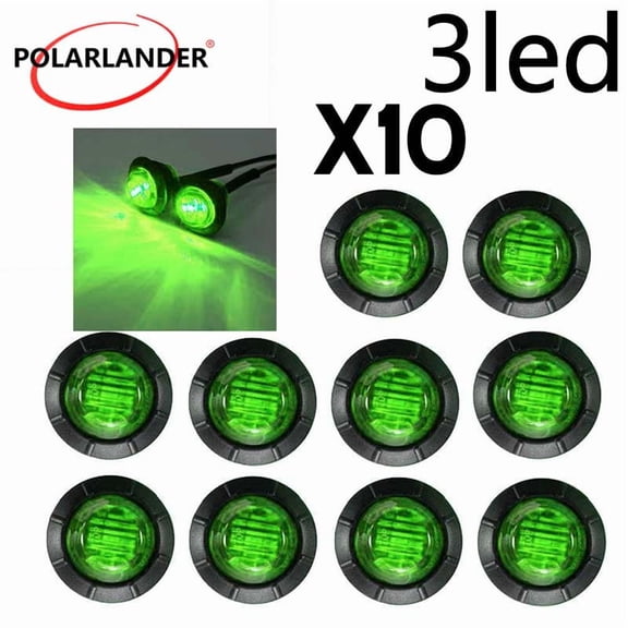 10-Pack Green 3-LED 24V Round Crystal Truck Clearance & Marker Lights – IP68 Waterproof, Universal Fit for Trailers, Trucks, Boats