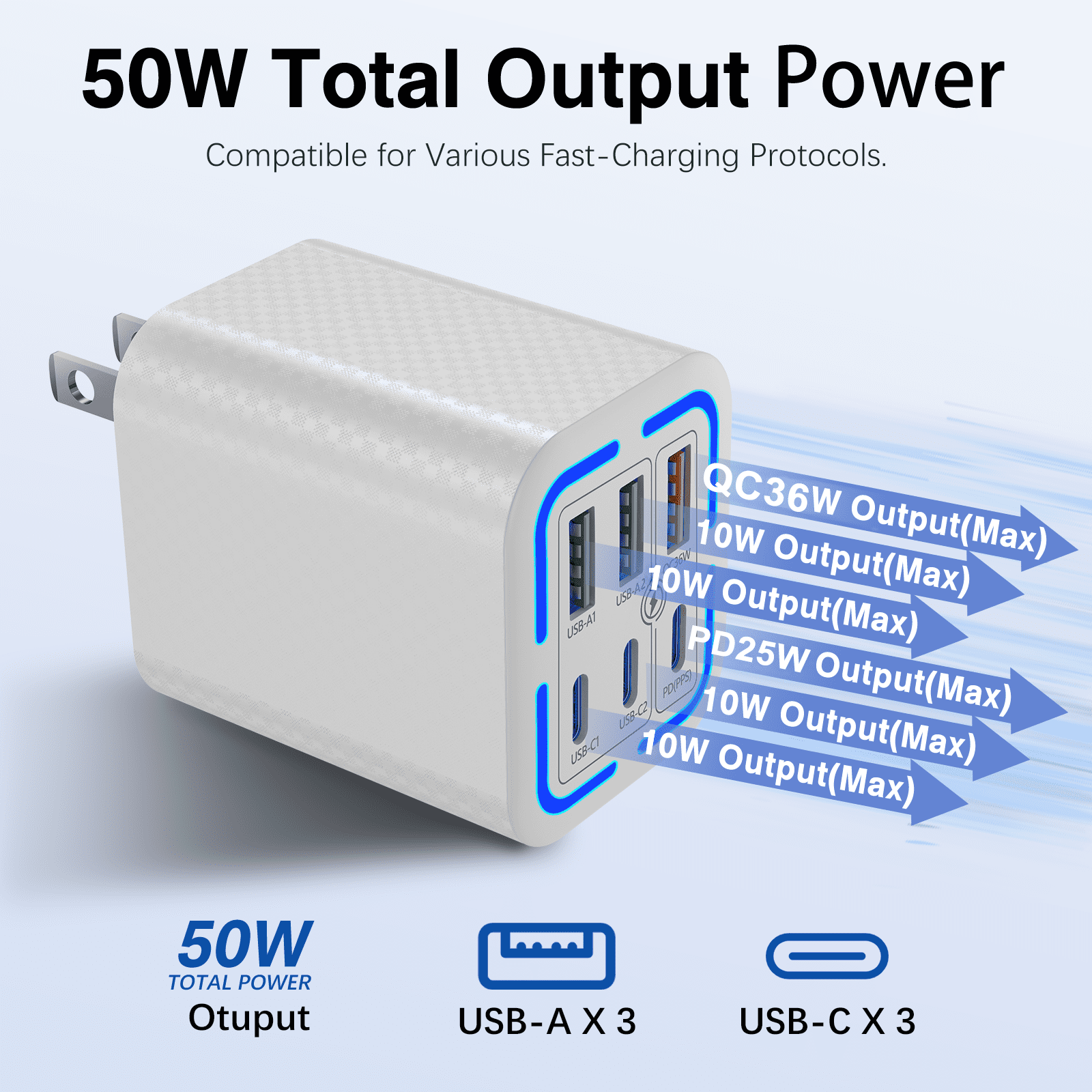 FOBIANJIE-50W USB-C and USB-A wall charger, Type-C charger, six-port cube design power adapter, multi-port plug, white/black/yellow – compatible with iPhone, iPad, AirPods, Samsung Galaxy, Note, Pixe