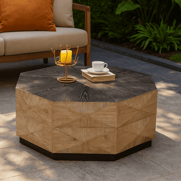 Octagon Coffee Table,38" Retro Style Wood Center Table with Three-Dimensional Embossed Pattern,Rustic Cocktail Table Center Large Circle Coffee Table for Living Room Home