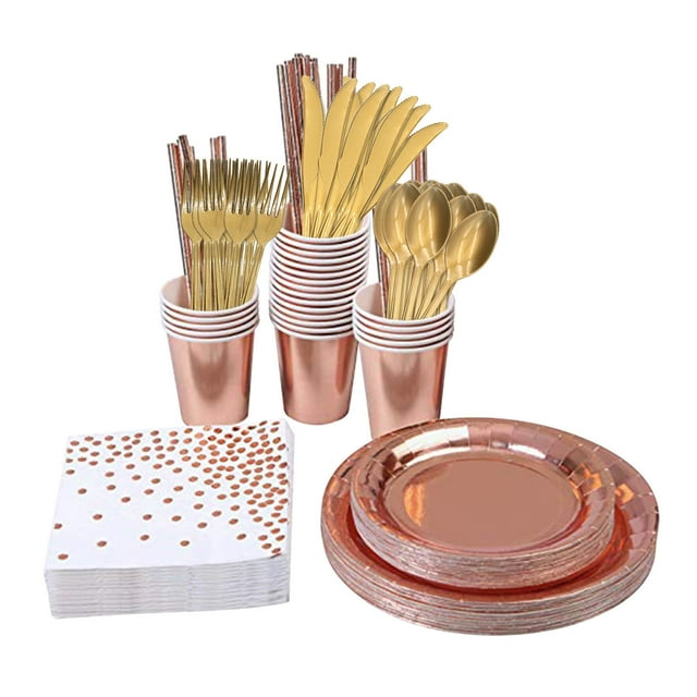 Platos desechables para banquetes, 200 cubiertos desechables, cubiertos rosas, platos rosas, cuchillos, tenedores, cucharas, vasos, pajitas y servilletas para 25 personas.