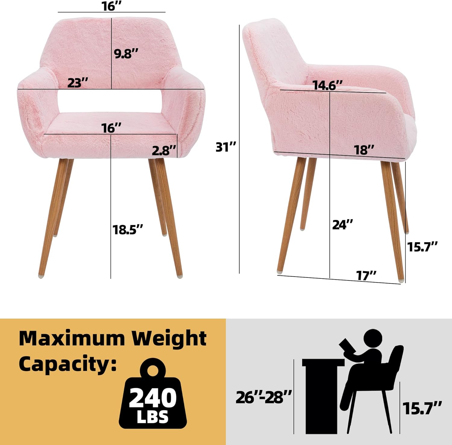 CRXX Desk Chair, Modern Home Office Chair Without Wheels, Faux Fur Vanity Chair with Hollow Backrest, Comfy Armchair Wood Frame with Strudy Metal Legs, Pink