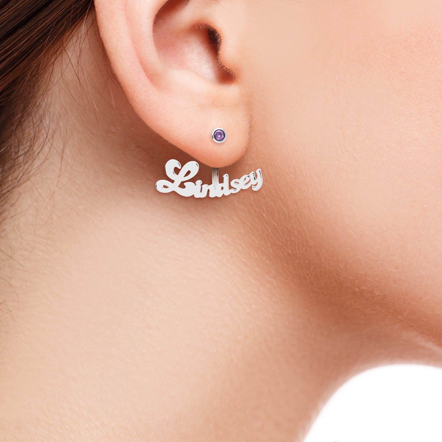 Personalized Bubble Script Name and Birthstone Front/ Back Earrings