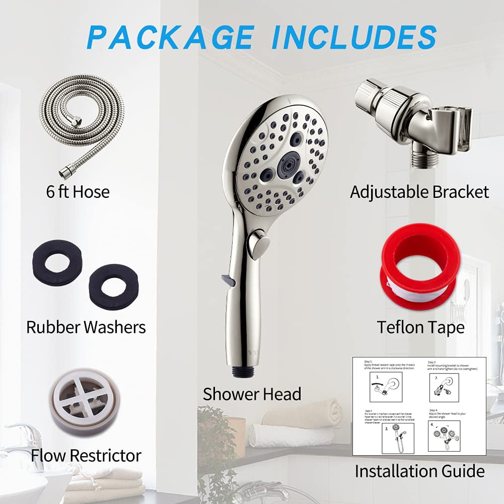 VXV Bathroom Handheld Shower Head with on off Switch, 6 Spray Setting Removable High Pressure Showerheads with 6 FT Stainless steel Hose and Adjustable Angle Bracket(Brushed Nickel)