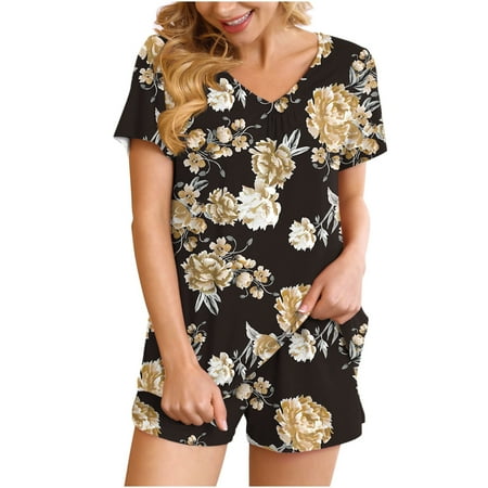 

RQYYD Women s Summer Casual 2 Piece Pajama Sets Short Sleeve Floral Print Lounge Sleepwear Ladies Pjs Sets with Pockets