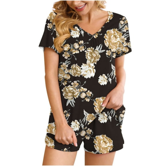 Ecqkame Women Shorts Sets 2 Piece Outfits2PC Women's V Neck Shorts Sleeve Two-piece Comfortable Home Pajamas Set Sports Set Black XXL