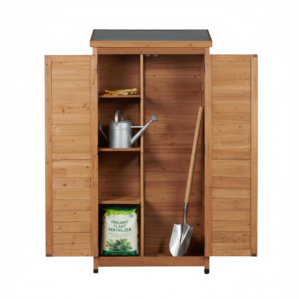 Outdoor Wooden Storage Shed with Metal Top and Double Doors, Tall Vertical Tool Cabinet and Garden Organizer, Gold
