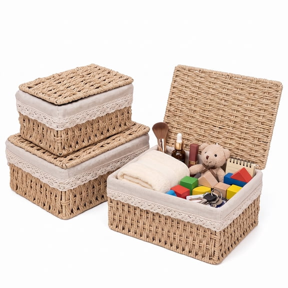 Merzark 3-Piece Rattan Storage Baskets with Lids, Boho Wicker Nesting Bins for Shelves and Bathroom, Khaki (10.2" x 7.9" x 5.1", 8.7" x 6.3" x 4.1", 7.1" x 4.7" x 3.7")
