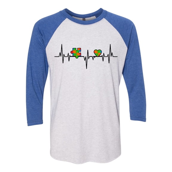 Adult Unisex Autism Awareness Puzzle Piece Heartbeat 3/4 Sleeve Raglan-Royal/White-xl