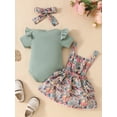 thumbnail image 5 of vera natura Baby Girls Summer Outfit Ribbed Short Sleeves Rompers and Floral Suspender Skirt Headband 3 Piece Clothes Set, 5 of 9