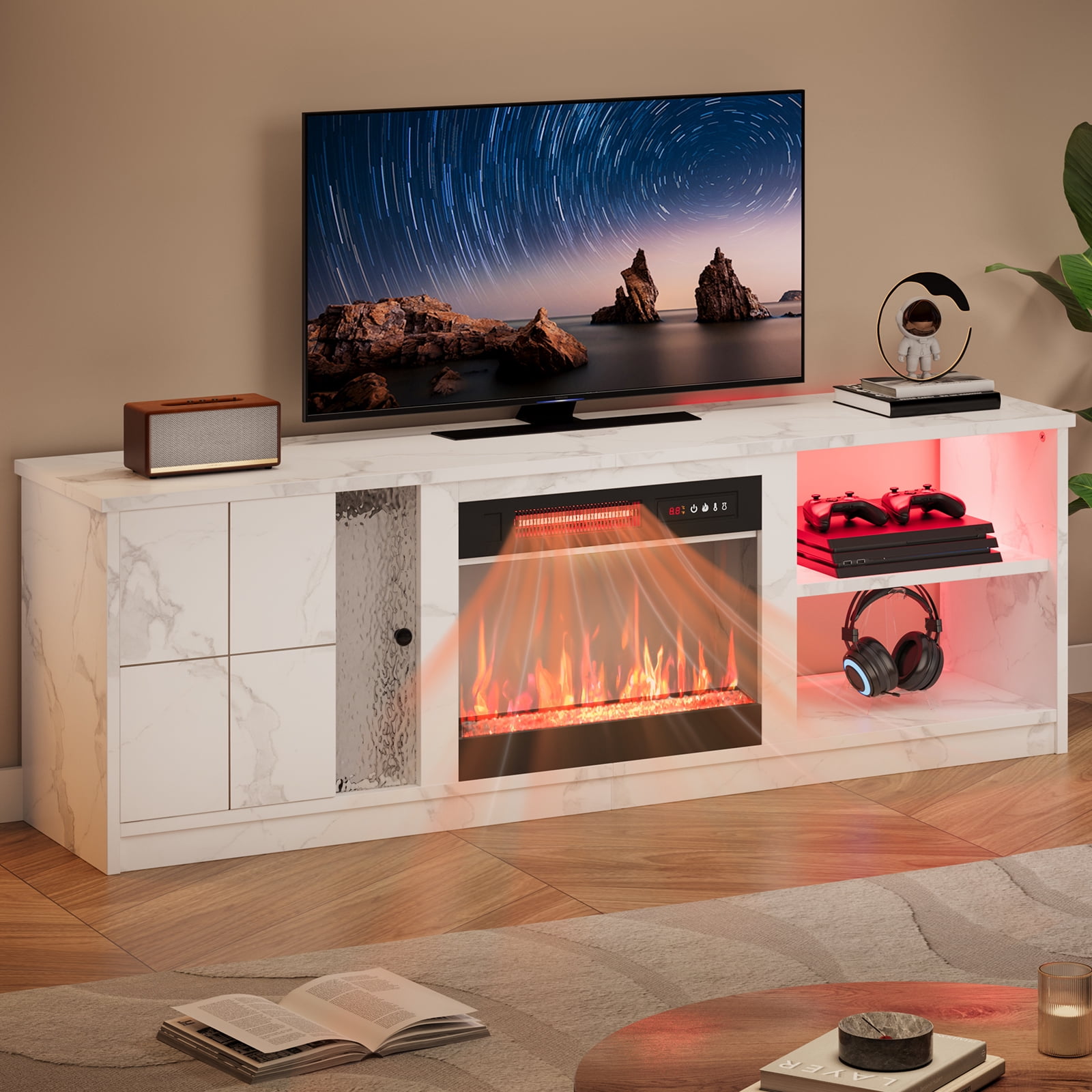 Pinmoco Electric Fireplace TV Stand for TVs up to 70", LED Entertainment Center With Cabinet & Shelves, TV Media Console Table for Living Room, Bedroom, White Marble