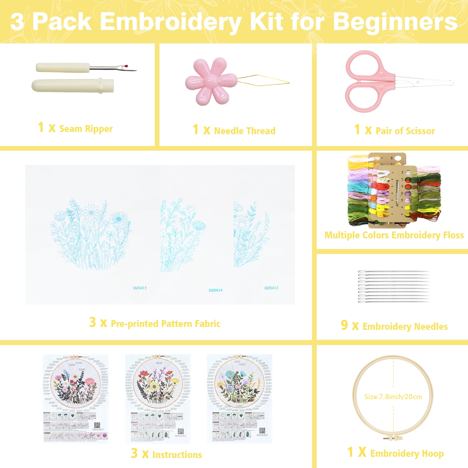 RidaaFri 3 Sets Floral Embroidery Kit Beginners, DIY Adults Craft Set, Step-by-Step Guide Video