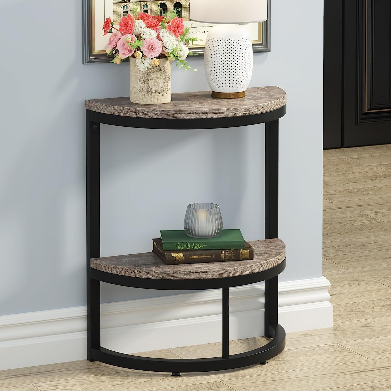 Half Round End Table, Narrow Side Table Slim C Table with Metal Frame