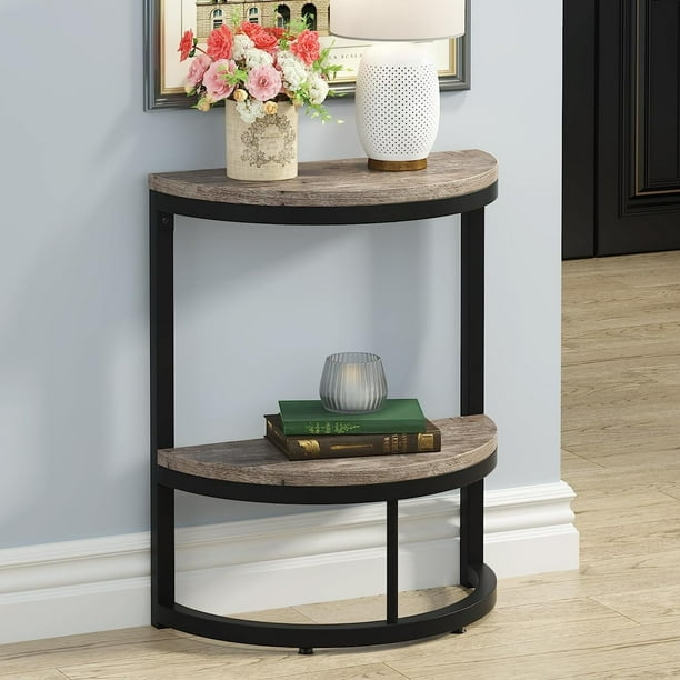 Half Round End Table, Narrow Side Table Slim C Table with Metal Frame