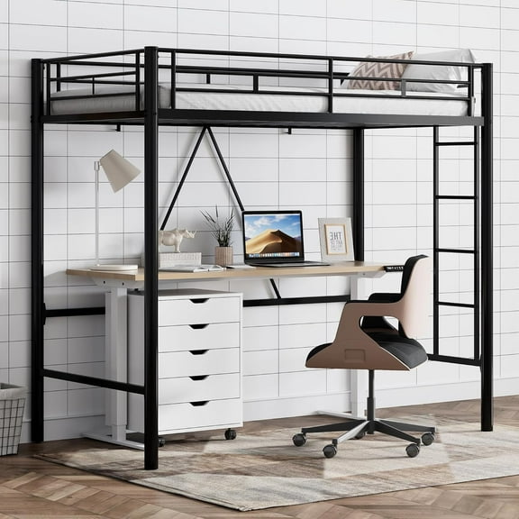 Loft Bed Twin Size, Heavy Duty Metal Loft Bed with Safety Guard & Ladder, Noise Free, No Box Spring Needed, Black