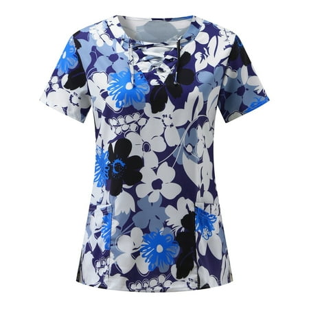 

Women Scrubs Top Nurses Clothing Working Uniform Top Care Workwear Short Sleeve V-Neck Flower Printed Tops T-Shirts