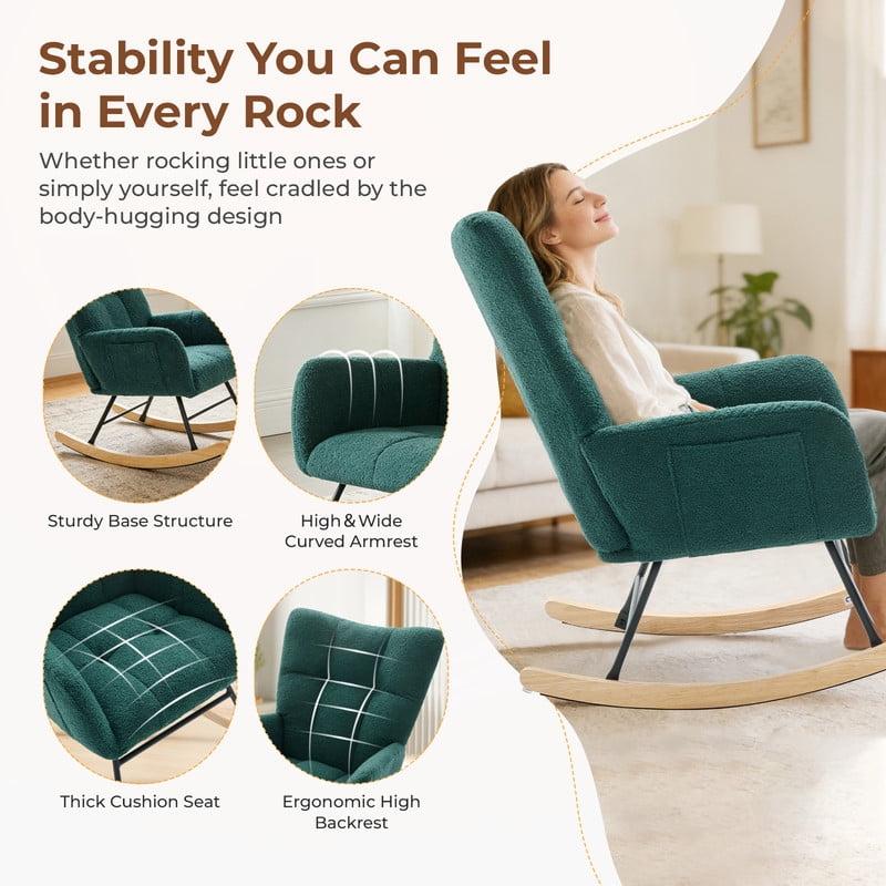 Gianna Rocking Chair with High Backrest, Teddy Upholstered Indoor Reading Glider Chair with Comfy Seat for Bedroom, Living Room, Green