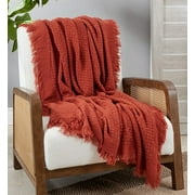 Fennco Styles Waffle Weave Solid Lightweight Throw Blanket with Fringe 50" W x 60" L - Rust Blanket for Sofa, Couch, Living Room and Bedroom Décor