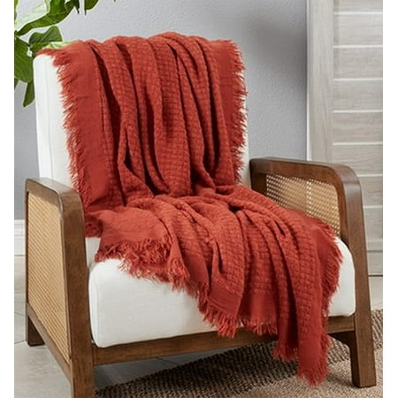 Fennco Styles Waffle Weave Solid Lightweight Throw Blanket with Fringe 50" W x 60" L - Rust Blanket for Sofa, Couch, Living Room and Bedroom Décor