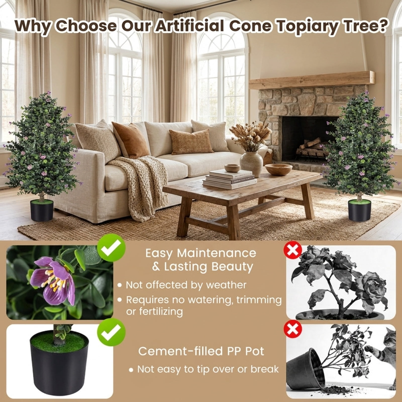 Vebreda Artificial Plant Decor, 2 Pack Artificial Topiary Cone Tree Faux Potted Shrub Plant with 49 Flowers, Lifelike Greenery Display