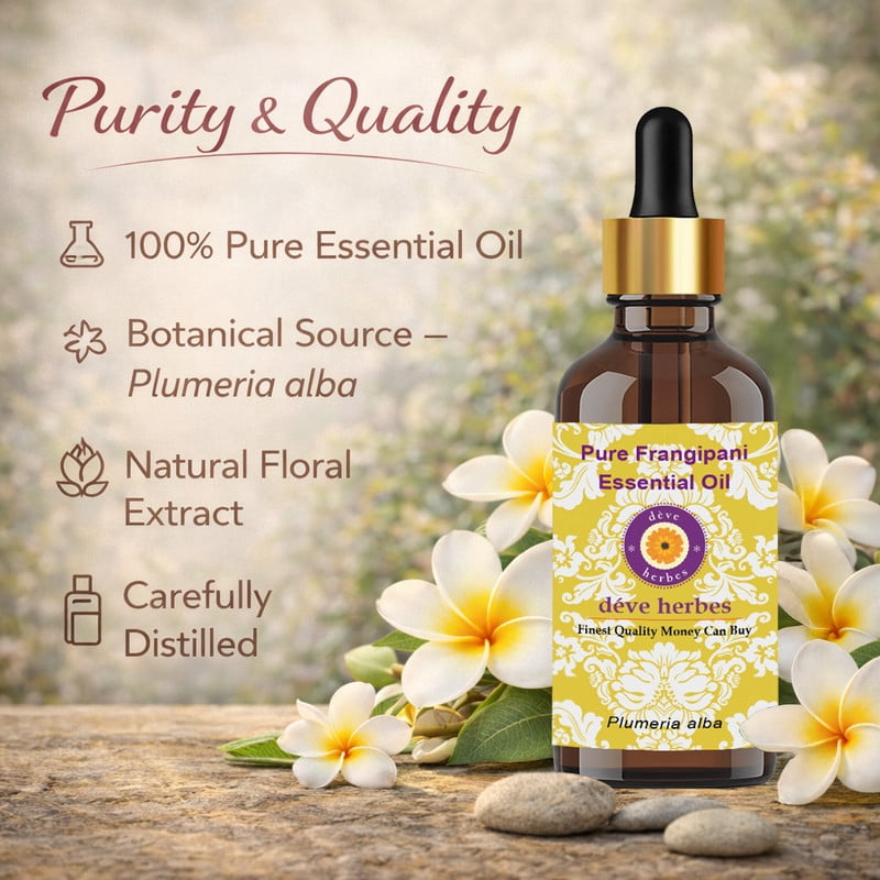 Deve Herbes Pure Frangipani Essential Oil (Plumeria alba) Steam Distilled, Natural & Aromatherapy Use 15ml with Glass Dropper