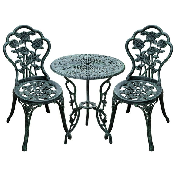 Outsunny 3 Piece Antique Style Patio Bistro Set, Cast Aluminum Outdoor Conversation Furniture Set, Coffee Table with Umbrella Hole, 2 Armchairs with Flower Patterns, Antique Green