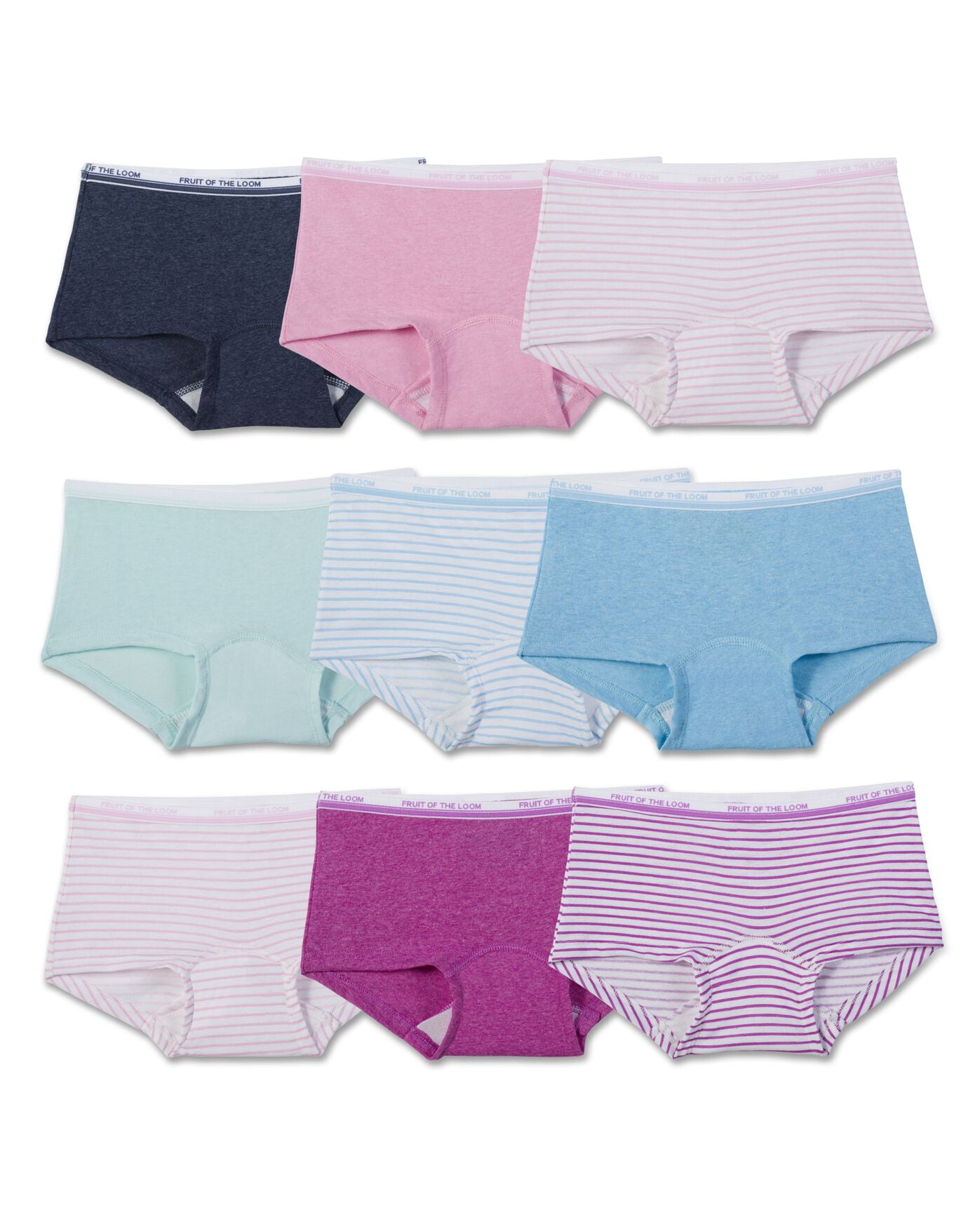 Fruit of the Loom Girl's 9 Pack Boyshort Underwear, 8, Assorted Heathers