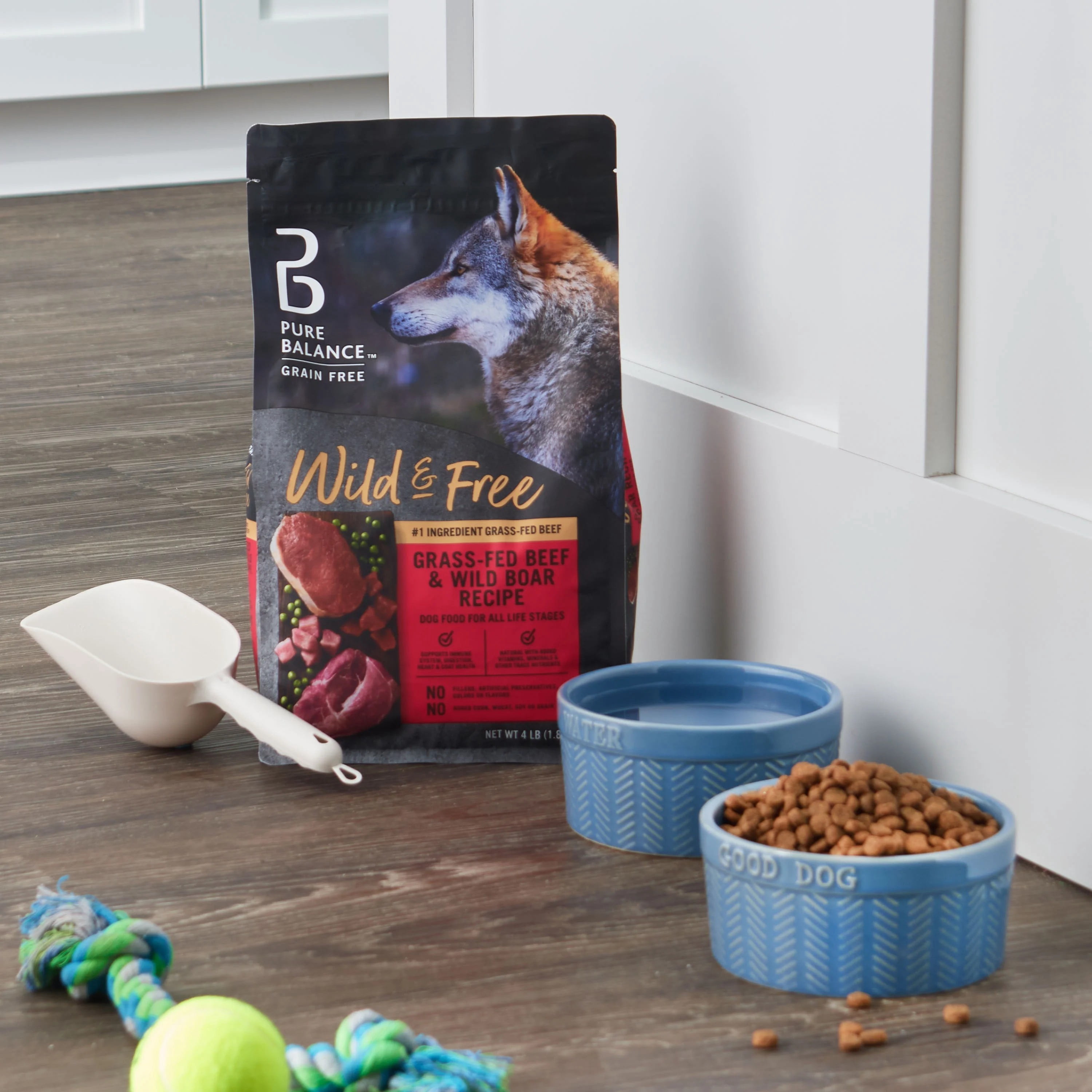 (6 pack) Pure Balance Wild and Free Grass Fed Beef and Wild Boar Recipe Grain Free Dry Dog Food, 4 lb