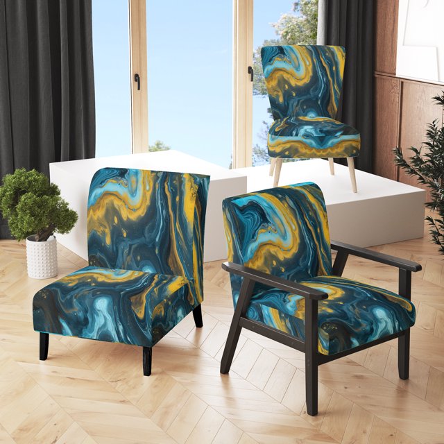 Designart "Golden Rivers in Agate Ripple IX" Chaise d'Appoint Rembourrée en Agate Bleue - Fauteuil Moderne pour Chambre