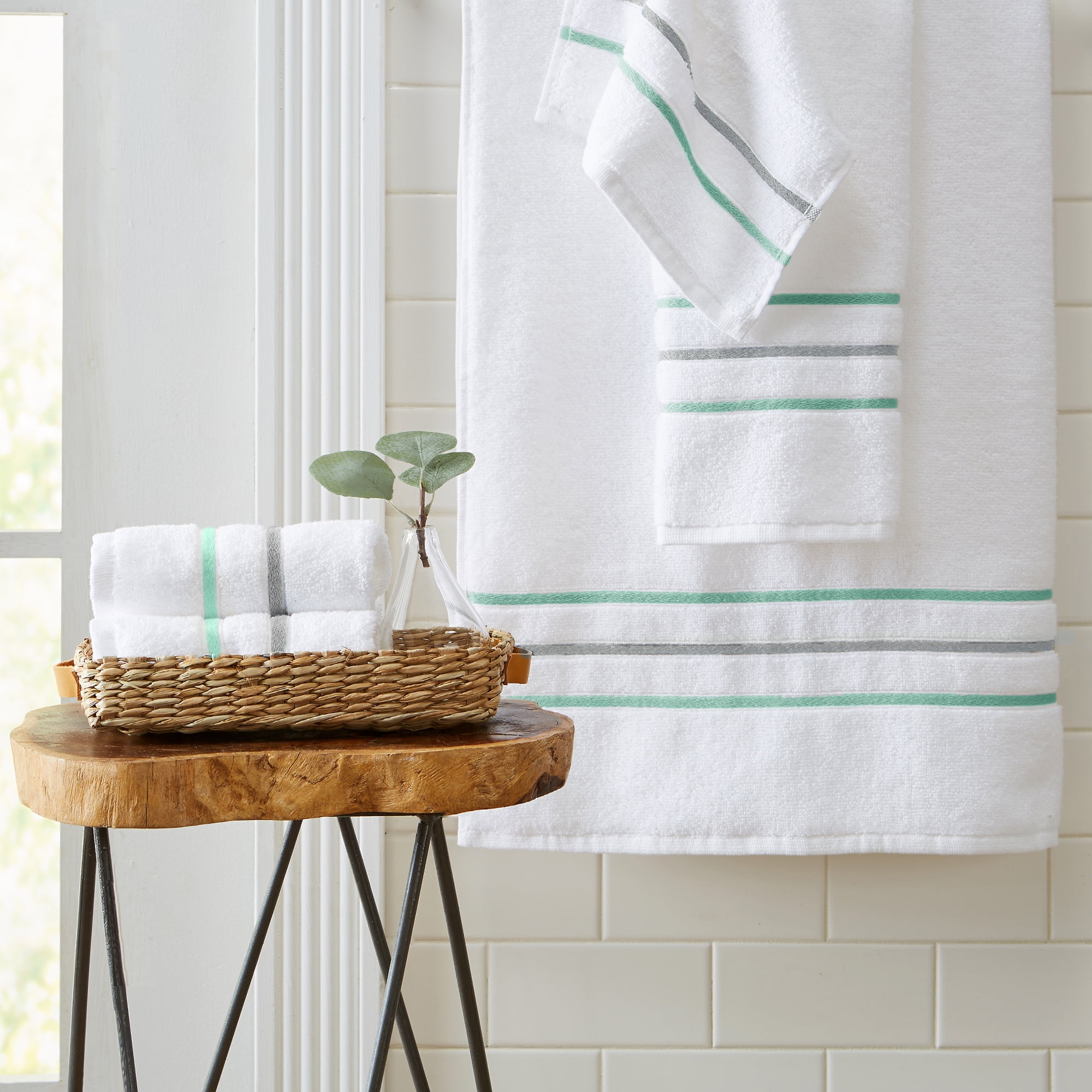 Great Bay Home Woven Striped 6 Piece Towel Set, Eucalyptus / Grey