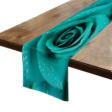 

BaHomeck Table Runner 13*72 In Set Of 1 Beautiful Turquoise Rose With Water Droplets On The Petals High Density Cotton Linens Machine Washable Table Runner For Kitchen Dining Table Coffee Table Decor