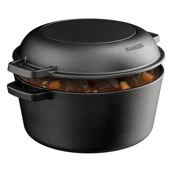 Bakken 2-in-1 Cast Iron Dutch Oven Pot with Skillet Lid, 5QT Pre-Seasoned Dutch Oven for Bread Baking, Roasting & Campfire Cooking, Heavy-Duty Indoor & Outdoor Use with Easy-Grip Dual Handles