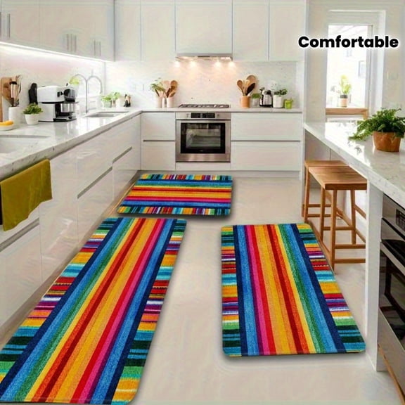 Mexican Striped Flannel Floor Mat Set 2/3pcs, Soft Kitchen Rug, Non-Slip Comfort Mat for Sink, Bedroom, Living Room, Bathroom, Outdoor Decor