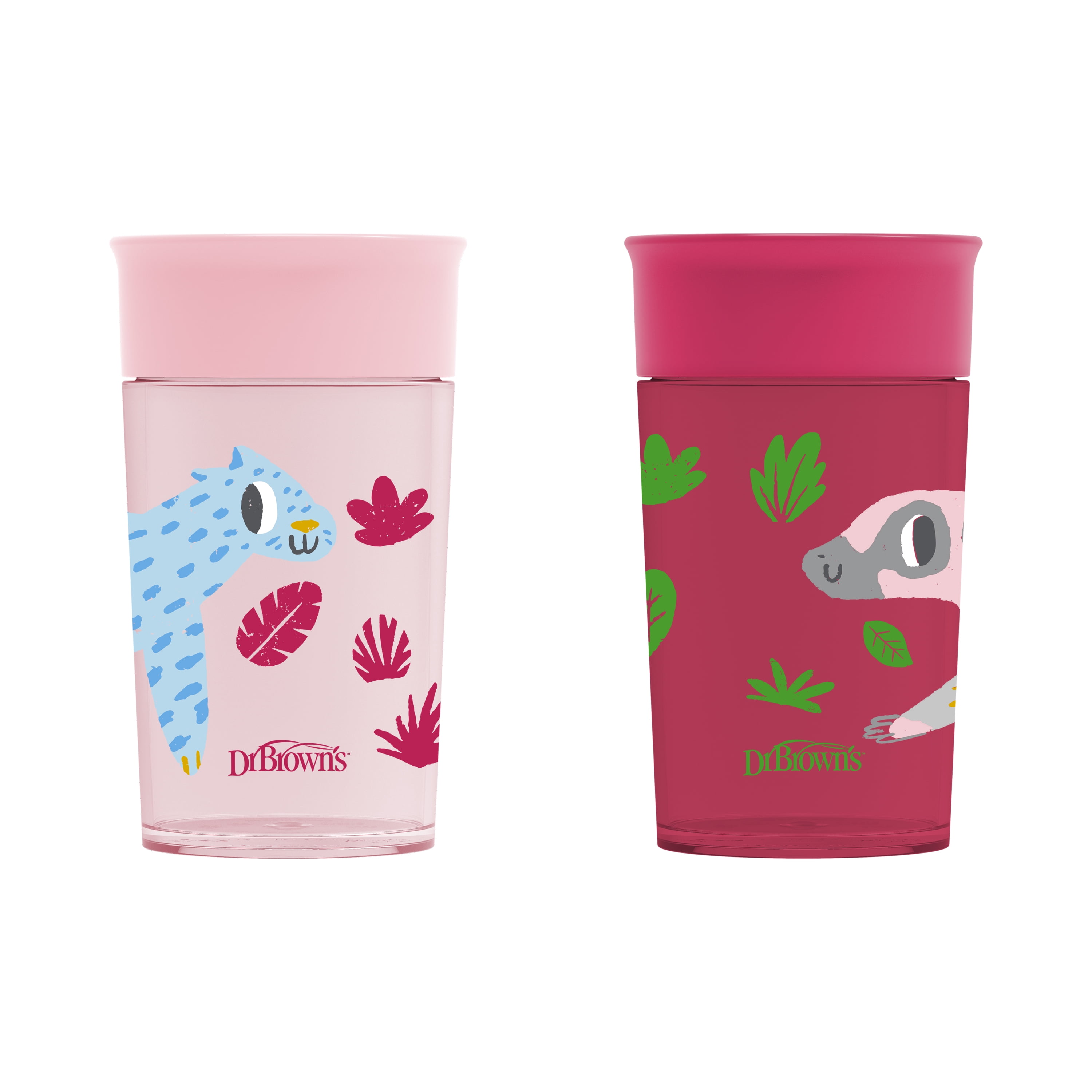 Dr. Brown’s Milestones Cheers 360 Cup Spoutless Transition Cup, Travel Friendly & Leak-Free Sippy Cup, Pink Leopard – Red Lemur, 10 oz/300 mL, 9m+