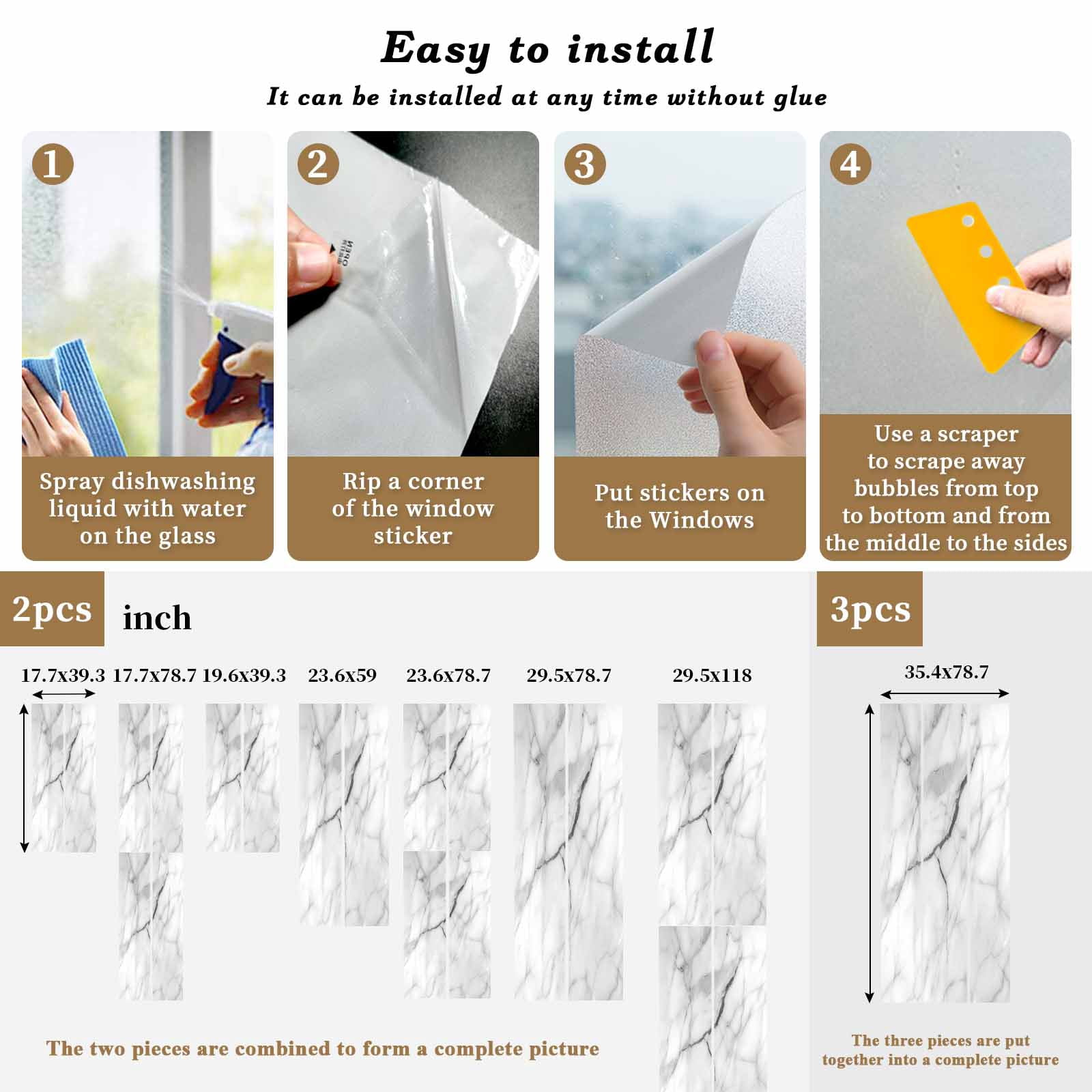 White Marble Window Privacy Film, Modern Geometric Abstract Minimalist Crack Static Cling UV Sun Blocking Heat Control Window Tint, Non-Adhesive One Way Windows Privacy Cover 35.4''x78.7''