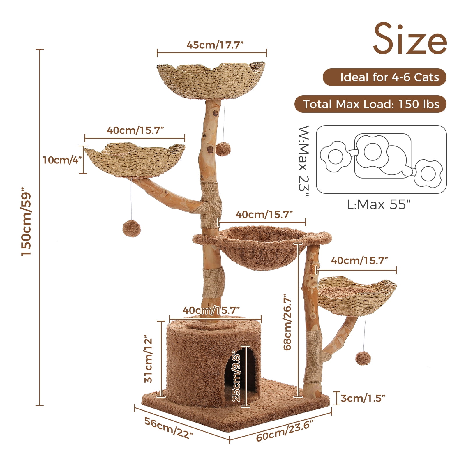 Pefilos 59" Modern Cat Tree Tower with 2 Flower Perches, Condo, Wicker Basket Bed, Boho Cat Furniture with Real Branch Scratching Post, Brown
