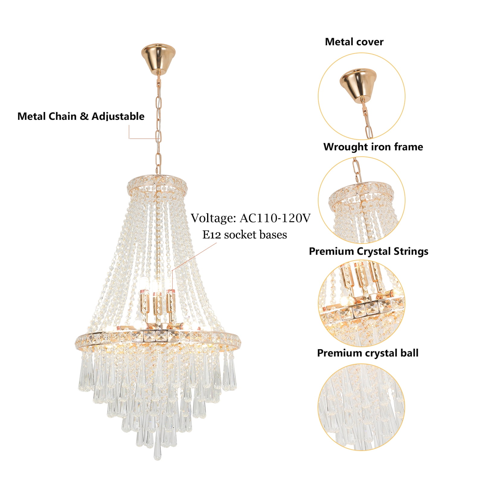 Modern Luxurious Crystal Empire Chandelier, 9-Light Raindrop Pendant Ceiling Light Fixture for Hallway Foyer Dining Room Living Room D19.68'' x H34.64'' Gold/Silver