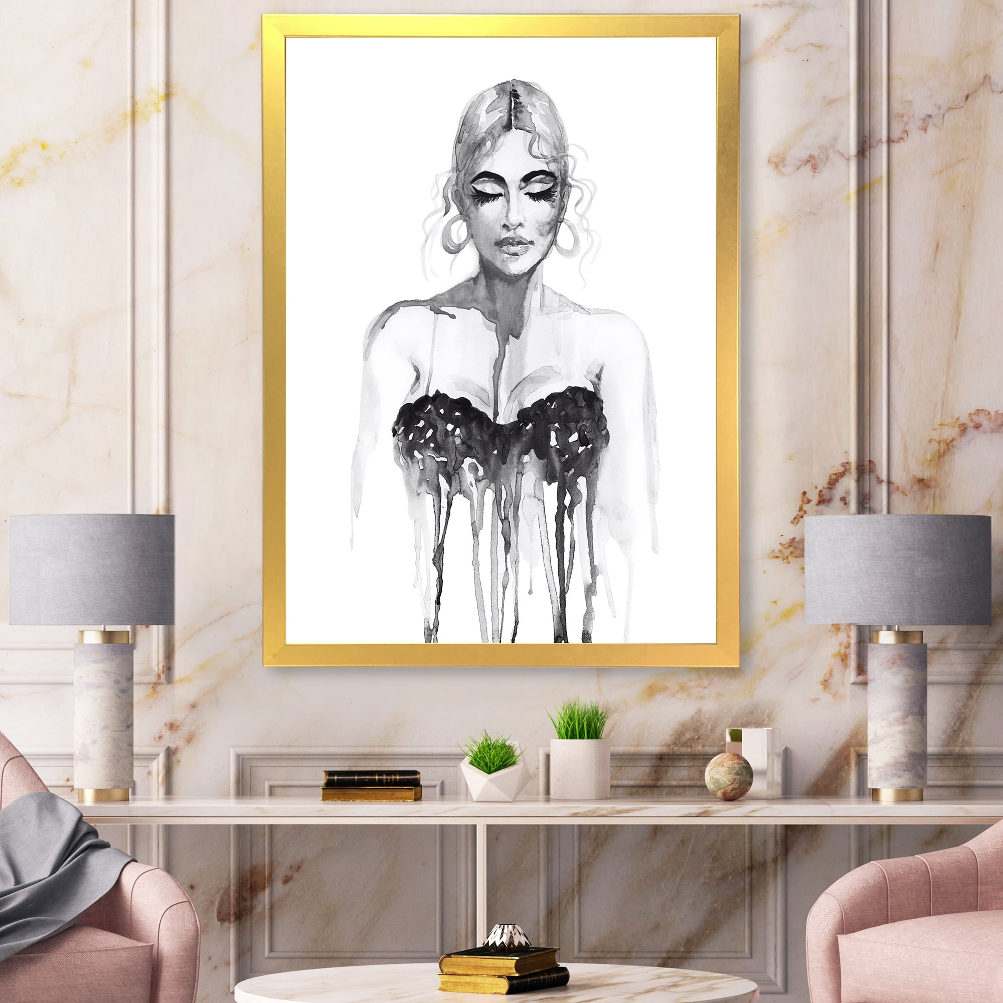 Black and White Portrait of Woman Wearing Evening Dress 30 in x 40 in Framed Painting Canvas Art Print, by Designart