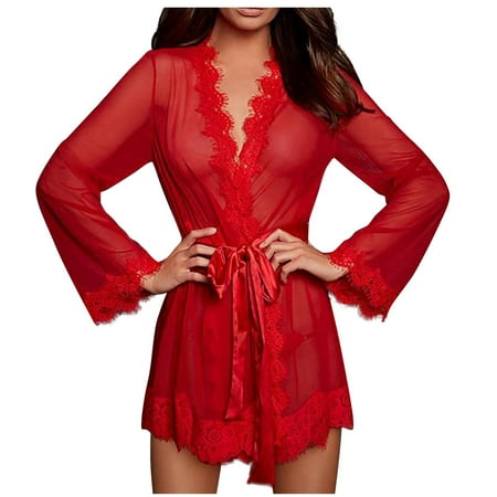 Ersazi Sexy Outfit for Women Temperament Versatile Solid Color Sexy Lace Nightgown With Belt Thong Pants On Clearance Red 3Xl