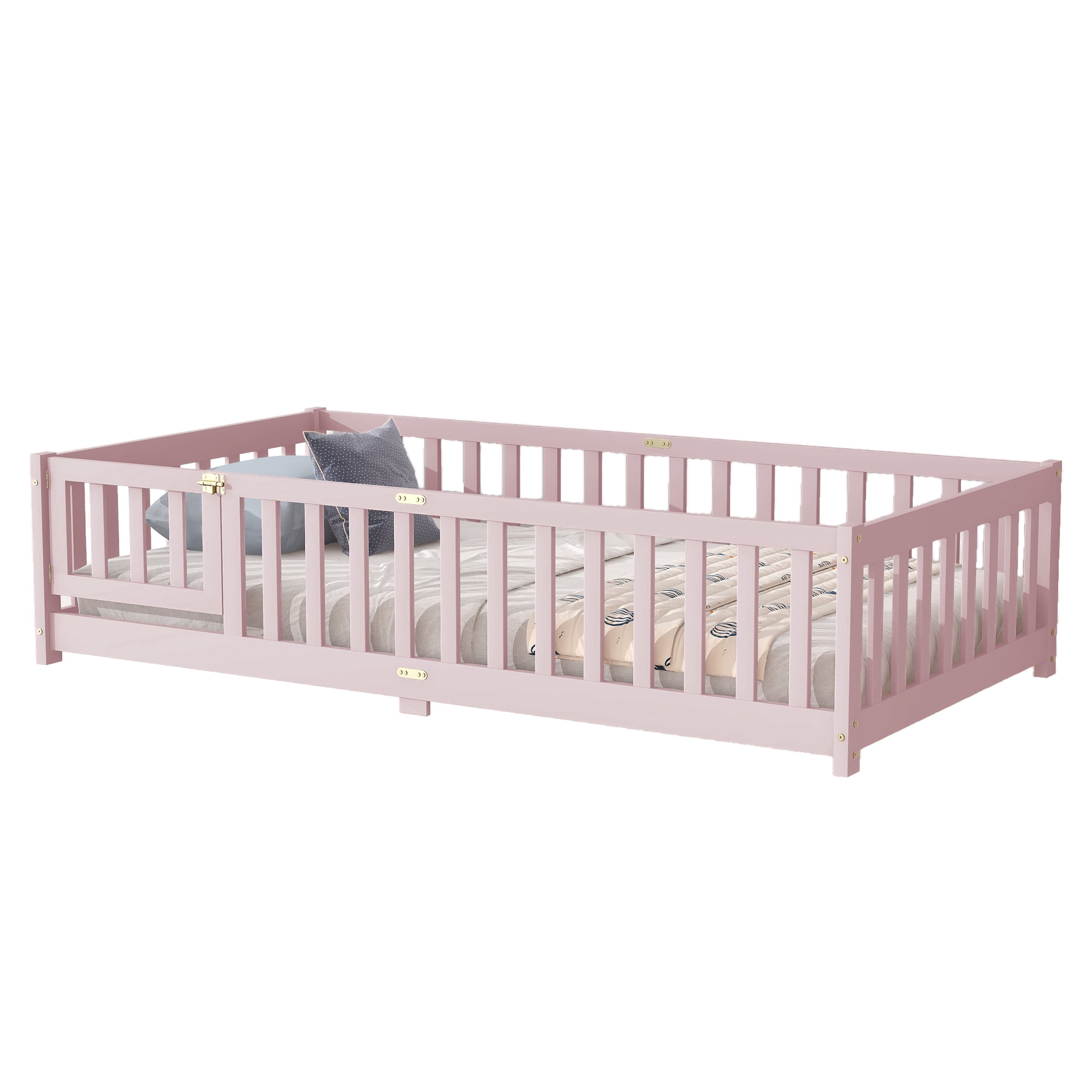 Sailvan Twin Floor Bed with Fence and Door, Solid Rubber Wood Kids Platform Bed Frame Pink