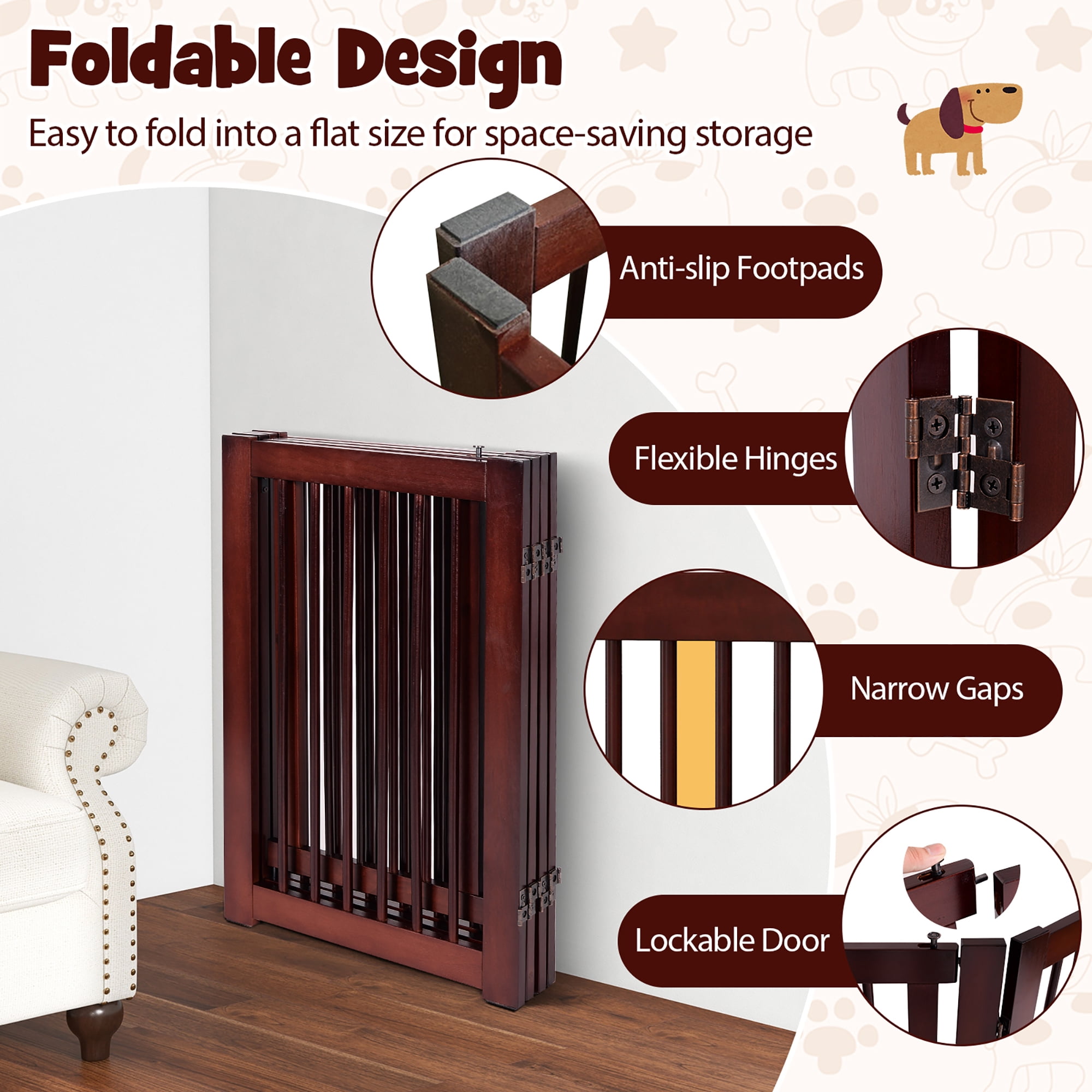 Gymax Freestanding Pet Gate 30'' Tall 4-Panel Wooden Dog Fence Solid Wood Foldable