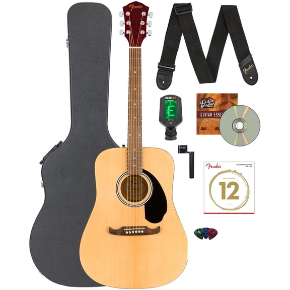 Fender FA-125 Dreadnought Guitar - Natural Bundle with Hard Case, Tuner, Strap, Strings, String Winder, Picks, and Austin Bazaar Instructional DVD