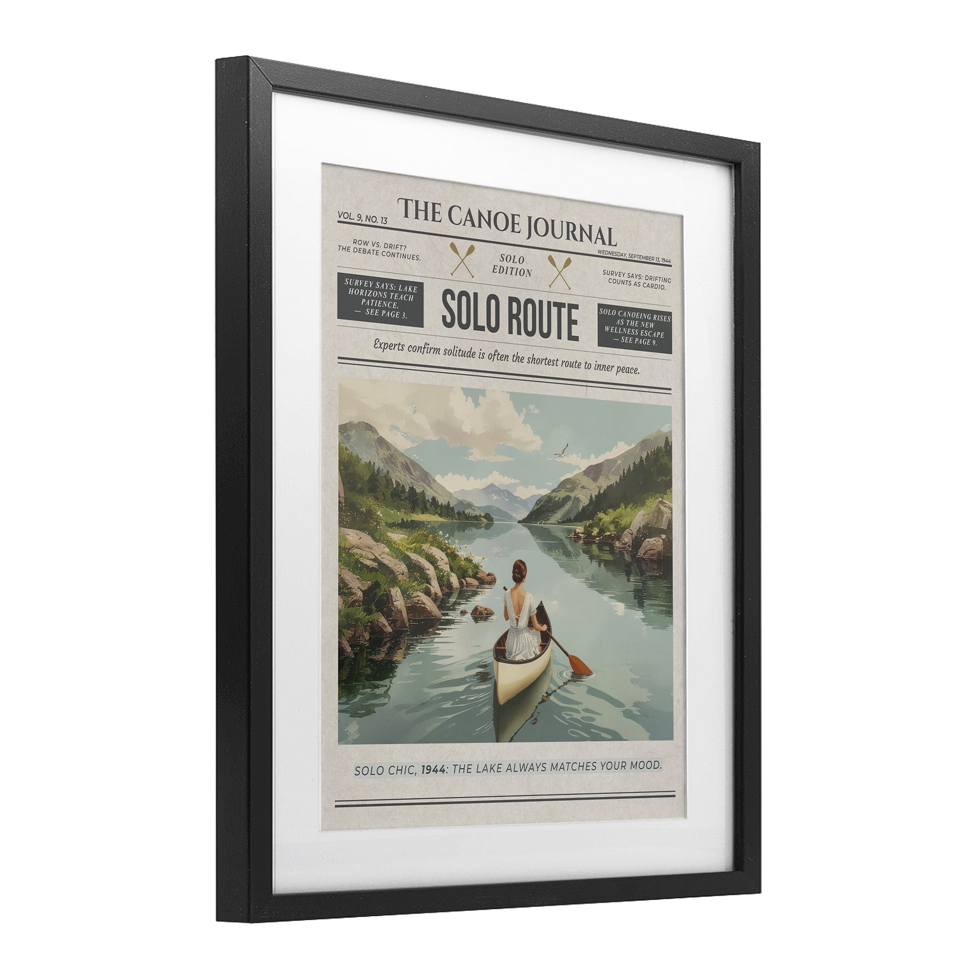 Stupell Industries Canoe Journal Newspaper Black Framed Print Under Glass, design by A Barefoot Stylist