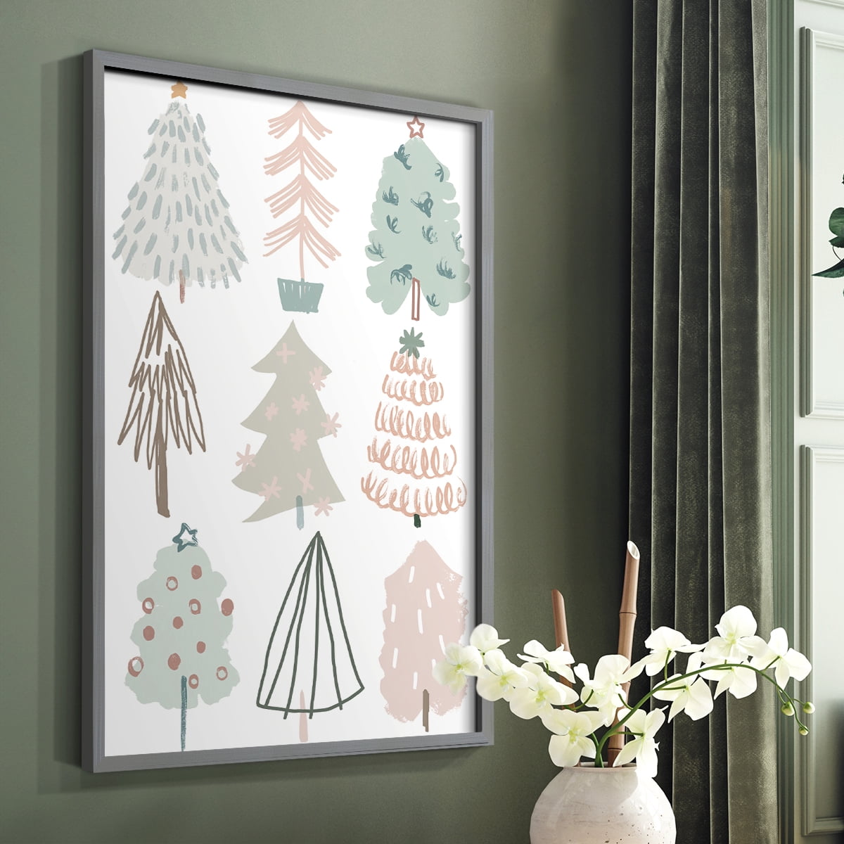Christmas Tree Sketchbook I Framed Print in Gray Solid Wood Framed Print No Nail Hanging