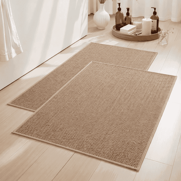 SIXHOME Bathroom Rug Set of 2 Non Slip Bath Mat Super Absorbent Quick Dry Thin Soft Woven Braided Bath Rugs with Rubber Backing Machine Washable Farmhouse Bathroom Mats Fits Under Door 16"x24" Beige