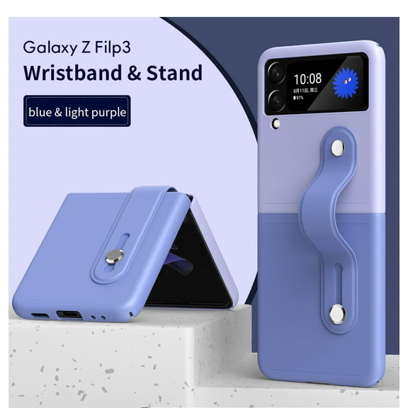 Haobuy Compatible with Samsung Galaxy Z Flip 3 Leather Case with Adjustable Wrist Strap Stand Slim Gradient Shockproof Case,Blue Purple