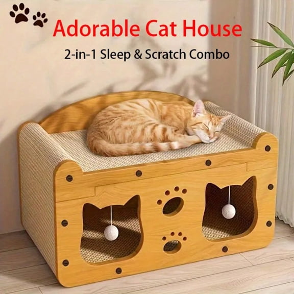 2 in 1 Double Layer Cat Bed with Scratching Board, Wooden Pet Furniture for Multiple Indoor Cats, All Season Use