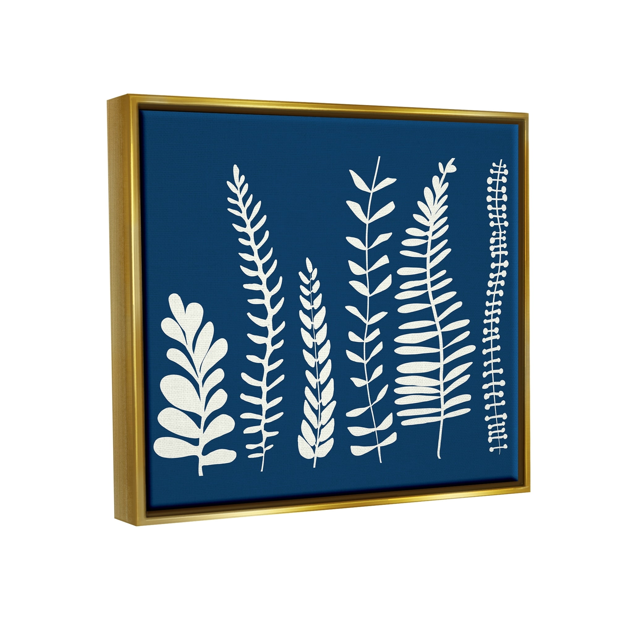 Stupell Industries Modern Fern Plant Leaves Blue Nature Silhouettes Graphic Art Metallic Gold Floating Framed Canvas Print Wall Art, Design by Deborah Velasquez