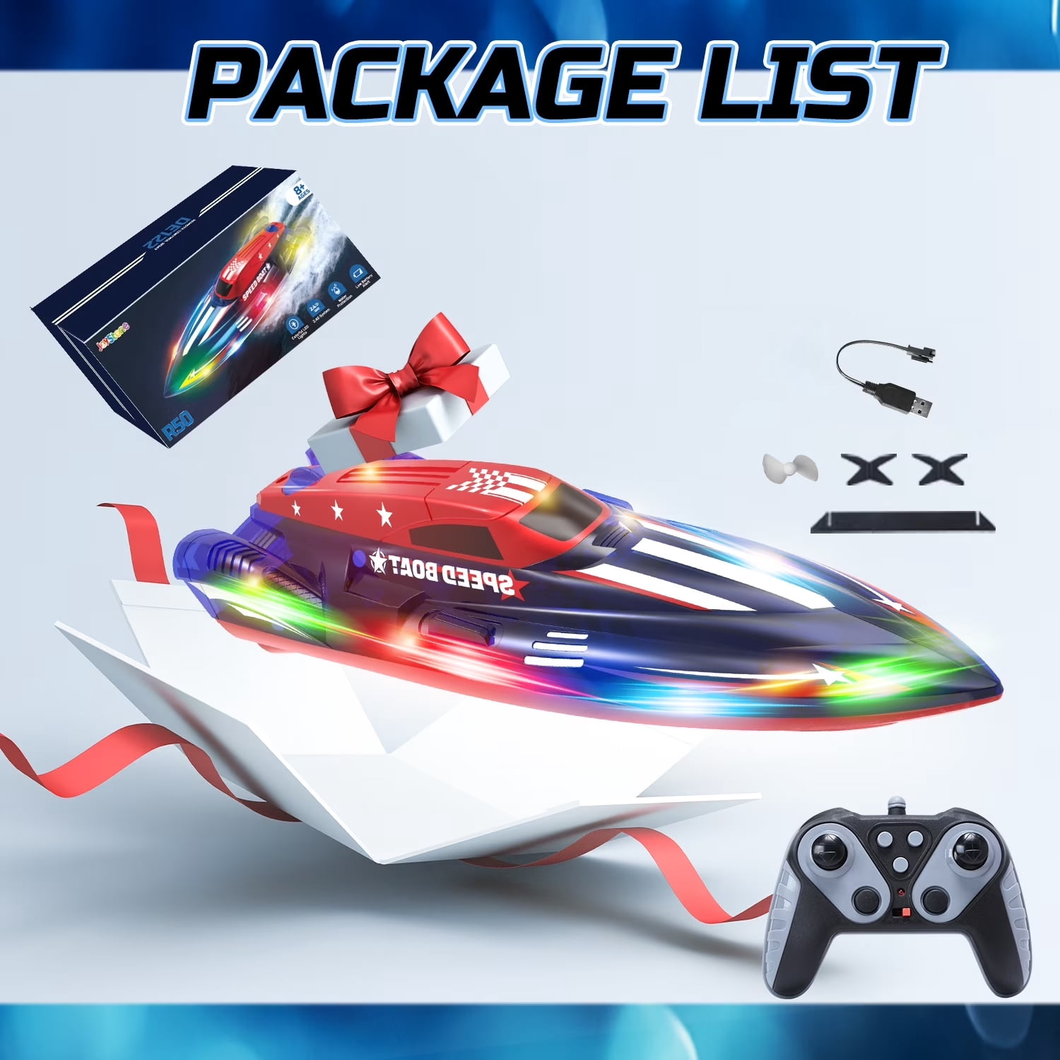 JoyStone RC Boat for Pools and Lakes, 13 Inch Remote Control Boat with LED Lights, 2.4G Racing Boats for Kids & Adults with 2 Rechargeable Battery, Gifts for Boys Girls