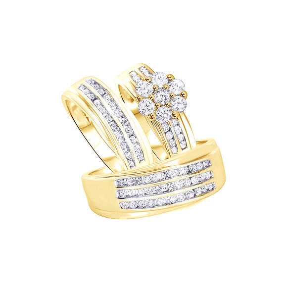 AFFY White Natural Diamond Wedding & Engagement Trio Band Ring Set In 10k Yellow Gold (1.63 Cttw)
