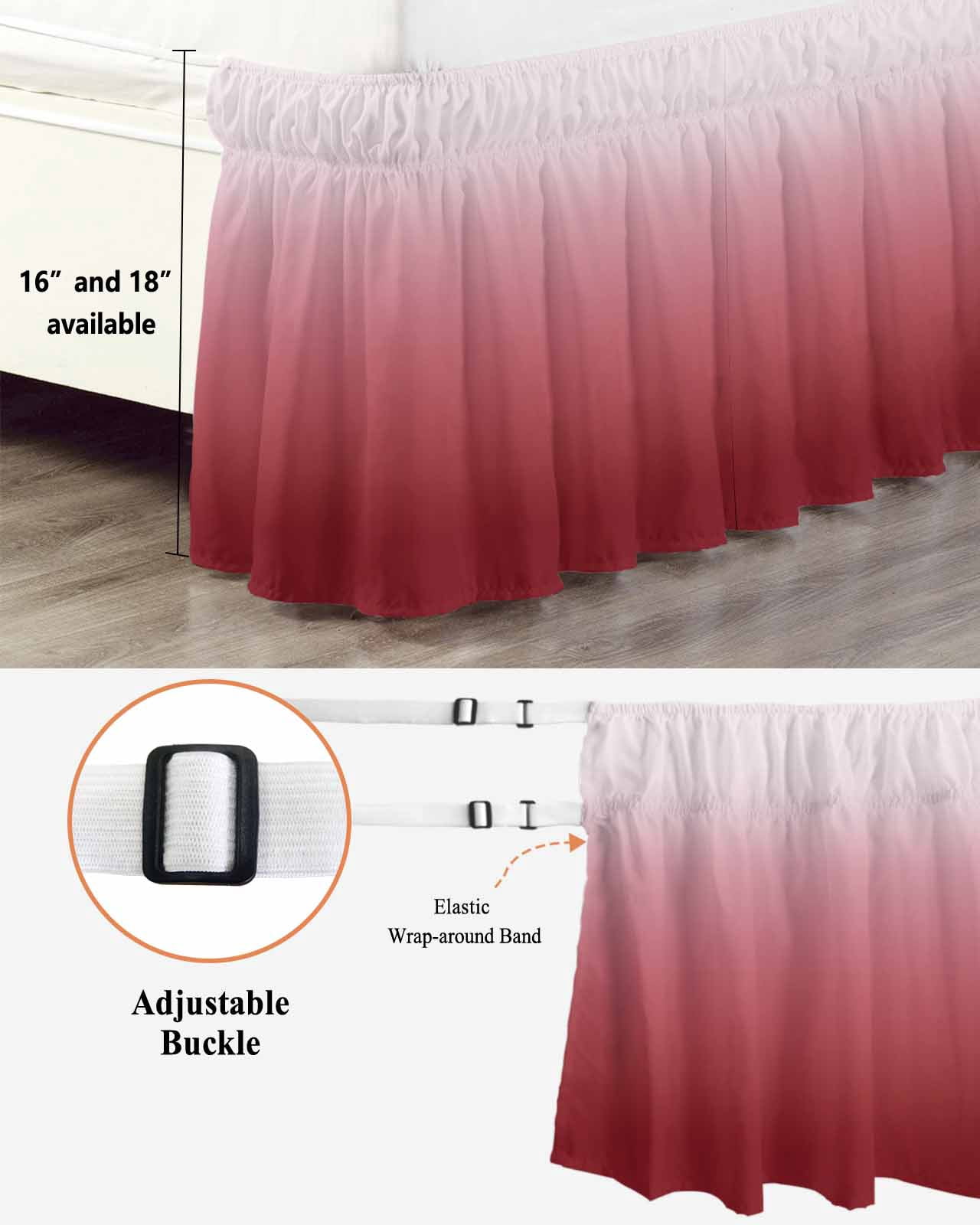 Red Gradient Bed Skirt Queen Size 16" Drop Ruffled Wrap Around Bed Skirts Adjustable Elastic Bedskirt Dust Ruffle for Queen Size Bed